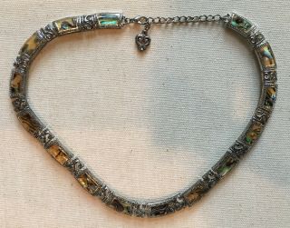 Vintage Steampunk Choker Necklace Silver - Tone Iridescent Inlay Resin 15 - 17 " X