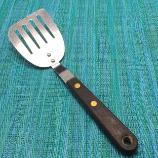 Vtg Short 9 1/4” Slotted Spatula Flipper Turner Stainless W Wood Handle Lions
