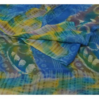 Sanskriti Vintage Blue Saree Pure Chiffon Silk Printed Soft Sari Craft Fabric
