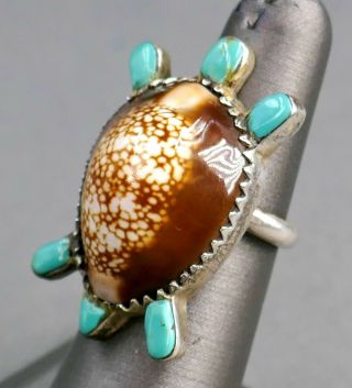 Fine Vtg Navajo Indian Sterling Silver Shell Turtle Turquoise Estate Ring 54
