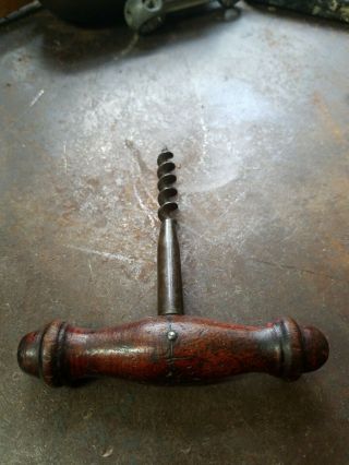 Antique Corkscrew Bottle Opener Wood Victorian Turned Handle Wrought Iron Vtg