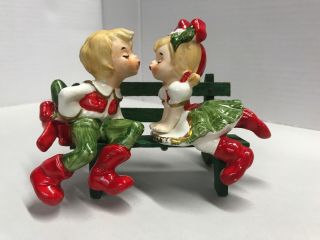 Vintage Lefton Christmas Kissing Boy & Girl On Wood Bench Figurines Rare Holiday