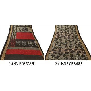 Sanskriti Vintage Black Saree 100 Pure Silk Printed Sari Craft Decor 5Yd Fabric 5