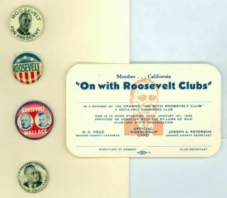4 Vintage 1940 President Franklin Roosevelt Fdr Campaign Pinback Buttons & Card
