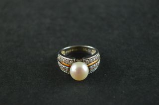 Vintage Sterling Silver Ring W Pearl Bead & White Stones - 5.  1g