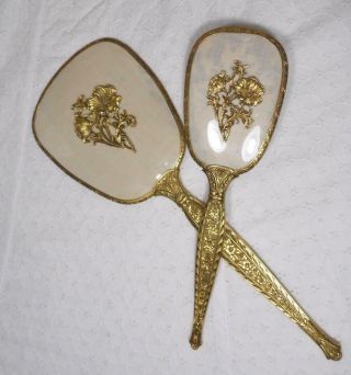 Vintage Matson " Wildflowers " 24k Gold Plated Hand Mirror & Brush Set