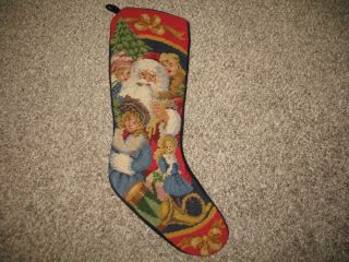 Vintage 20 " Hand Made Needlepoint Christmas Stocking.  Santa & Children & Doll