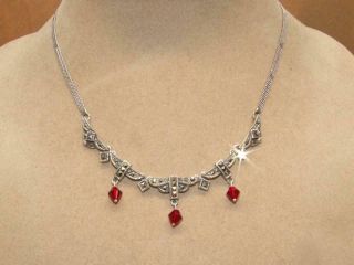 Vtg Art Deco Sterling Silver Marcasite & Ruby Red Crystal Dangle Necklace 16 "