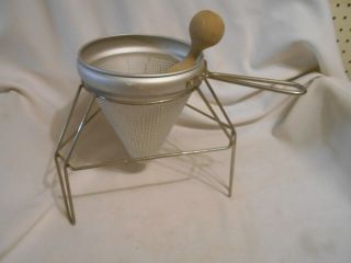Vintage Metal Ricer Sieve Food Mill Strainer With Stand & Wood Pestle Masher