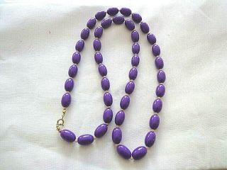 Vintage Vivid Purple Acrylic Bead Necklace 30 " Oval Beads Gold Tone