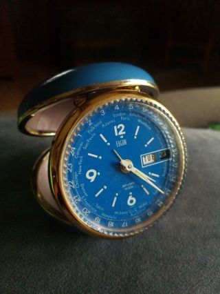Retro Vintage Elgin Travel Alarm Clock Turquoise.  Day And Date