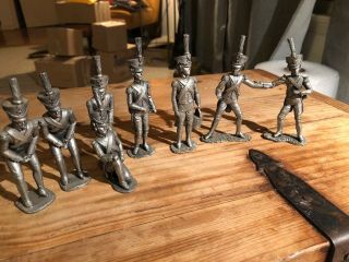 8 Vintage French Pewter Military Soldier Figures Statues