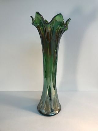 Rare Vintage Green Carnival Glass Swung Vase 10 1/2” Tall