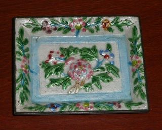 Vintage Small Enamel Floral Square Trinket Tray Dish Baby Blue And Pink