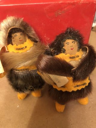 2 Vintage Inuit Alaska 4 " Eskimo (?) Dolls Father & Mother Holding Baby