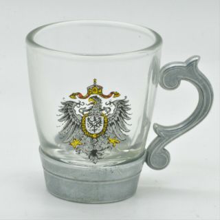 Vintage Antique Shot Glass Made In France Fancy Pewter Handle & Base Crest