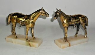 Vintage Pair Standing Metal Horse On Marble Base Figure Figurine Desk Ornament