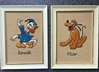 Vintage Disney Pluto And Donald Duck: Pair Embroidery Framed Wall Art Usa 5 X 7