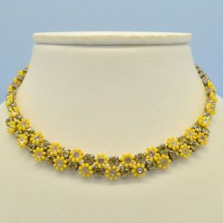 Vintage Necklace Leru 1950s Yellow Plastic Flowers Crystals Goldtone Jewellery
