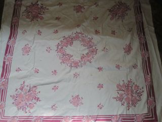 Vtg Heavy Cotton Print Tablecloth Pink/maroon Flowers&leaves W/bands - 49 " X 48 "