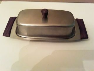 Vtg/retro Butter Dish 18 Stainless Steel,  Teak Handles