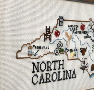 Vintage Needlepoint Framed Wall Hanging Of A Map Of The State Of North Carolina