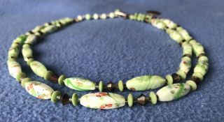 Milifiorre Glass Bead Necklace Vintage 2 Strand Green W Roses 1960’s