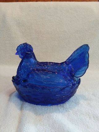 Vintage Cobalt Blue Chicken " Hen On Nest " Covered Dish.  5 " Tall To Top Of Tail.