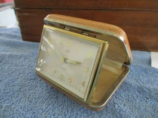 Vintage Elgin Travel Alarm Clock Wind Up,  Brown Case West Germany -