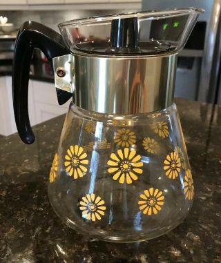 Vintage Corning Ware 4 Cup Coffee Pot Juice Carafe With Yellow Daisy Flower