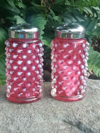 Vintage Fenton Glass Cranberry Opalescent Hobnail Salt & Pepper Shakers C.  1941