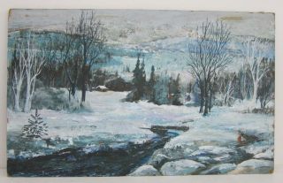 Mcm Vintage Impressionist Winter Cabin Landscape Oil Painting On Board 14x23