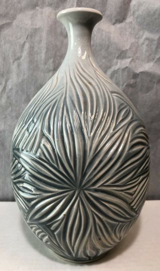 Vintage Art Pottery Pinched Neck Vase Flower Swirl Design Hash Marks Bottom Blue
