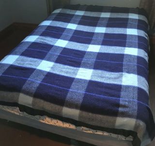 Vintage Beacon Full Size Blue Plaid Blanket Satin Trim Acrylic