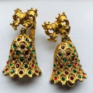 Vintage Mylu Christmas Bell & Bow Clip Earrings