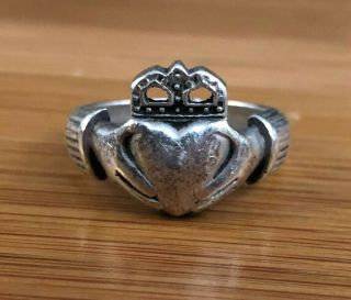 Vintage Sterling Silver Hands Holding Heart Crown Claddagh Ring 925 Size 9.  5