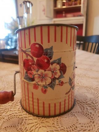 Vintage Kitchen Metal Flour Sifter Red Stripe And Cherry Blossoms