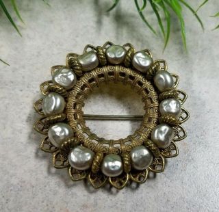 Vintage Miriam Haskell Signed Gorgeous Wreath Baroque Pearls Pin Broch