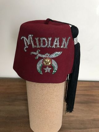Midian Jeweled Fez Hat W/ Storage Bag Size 7 5/8 Vintage Shriners Masonic Fancy