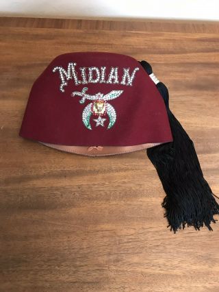 Midian Jeweled FEZ Hat w/ Storage Bag Size 7 5/8 Vintage Shriners Masonic Fancy 6