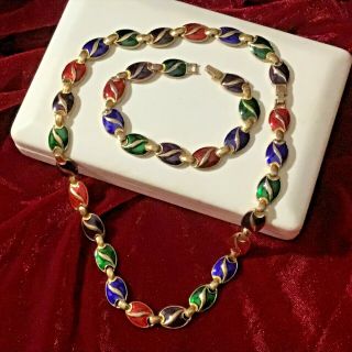 Vintage Enamel Necklace Earring Set Sapphire Blue Green Red Plum Colors Book Chn