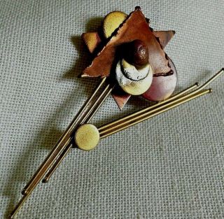 Vintage Art To Wear Brass And Copper Brutalist Modernist Flower Pin Ooak Unusual