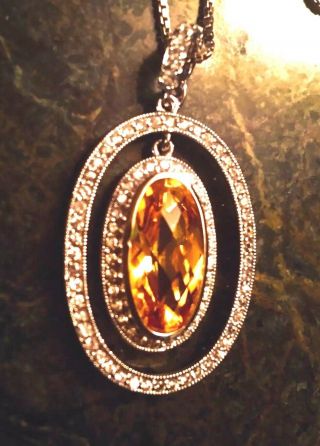 Vintage Double Hoop Pendant With Pave Crystals And Amber Color Stone