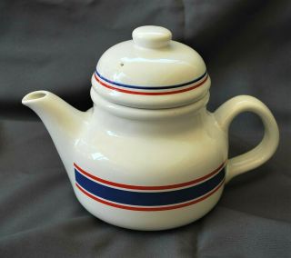Rondo Ceramic Teapot - White With Blue And Red Stripes - Vintage 1983