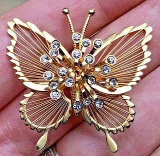 Vintage Monet Butterfly Goldtone Brooch Pin Clear Rhinestone Wire Wrapped Euc