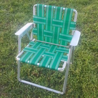 Lawn Chair Child Size Vintage Aluminum Frame Green Nylon Webbing Beach Patio