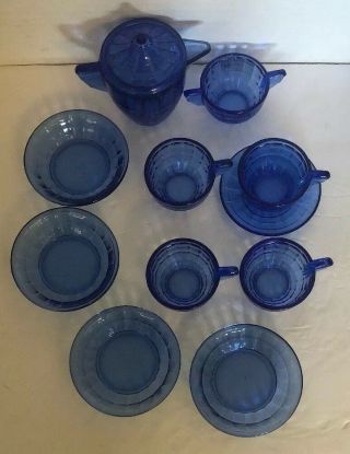 Vintage 12 Pc Set Cobalt Blue Akro Agate Toy Tea Set Childrens Dishes Art Deco