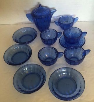 Vintage 12 pc Set Cobalt Blue Akro Agate Toy Tea Set Childrens Dishes Art Deco 2