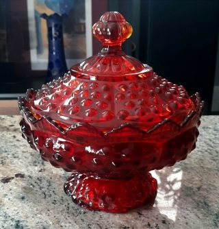 Vintage Fenton Amberina Art Glass Hobnail Pattern Footed Candy Dish W/lid