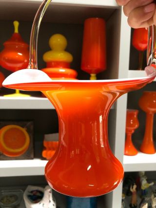 Vintage Murano Art Glass Cased Orange LARGE Basket Candy Bowl 5